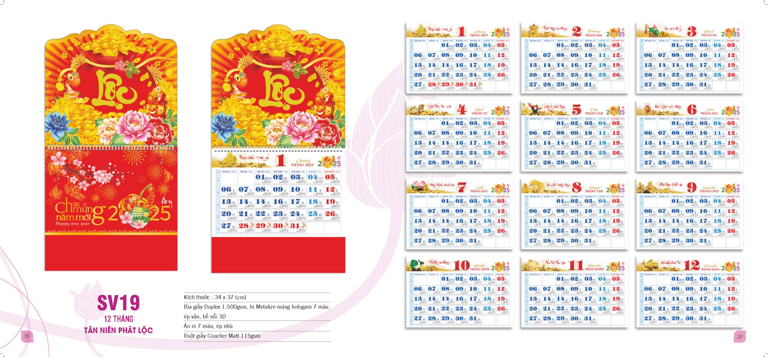 Kích thước lịch treo tường 12 tờ