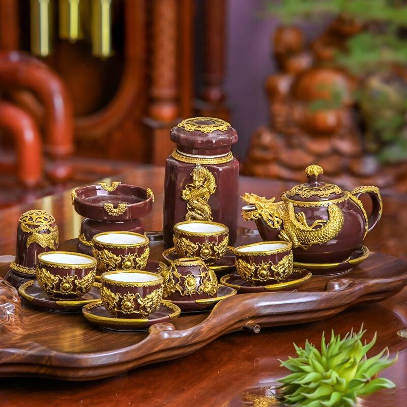 Ấm Chén Bát Tràng Mạ Vàng 10 Ấm chén men nâu mạ vàng