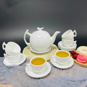Bộ ấm trà sứ trắng đài các chỉ vàng